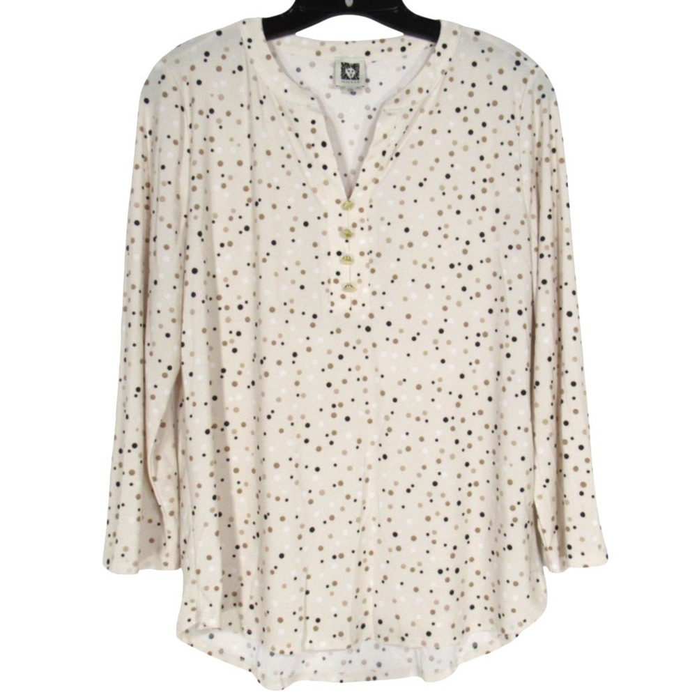 ANNE KLEIN Beige BLACK/KHAKI POLKA-DOTS High Low Hem 3/4 SLEEVES Blouse/Top Sz M